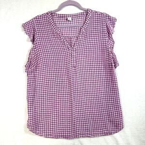 Old Navy XL Gingham Top Linen Purple Flutter Sleeve Coquette Cottage Summer Soft